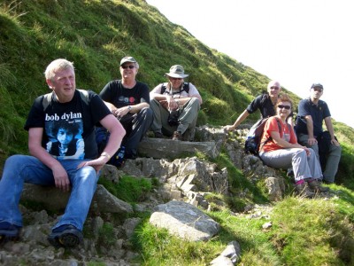 a short break on the way up cadair idris...god only knows why dave wore a dylan t-shirt on a cohen walk, but the brave man did