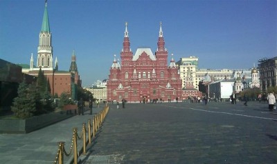 A view of Red Square with Lenin's Mausoleum on the left (my Dad forgot his camera at home and I was counting on him bringing it -  so we had to do with a phone camera - I had to persuade Dad that there was really no need to by a new camera)
